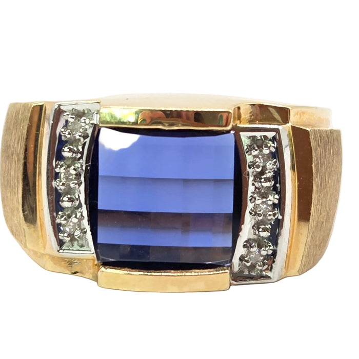 Vintage: 9ct Yellow Gold Blue Sapphire & Diamond Signet Ring