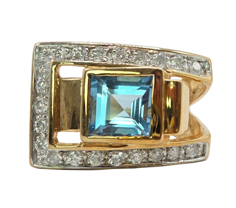 Vintage: 9ct Gold Blue Topaz & Diamond Signet Ring