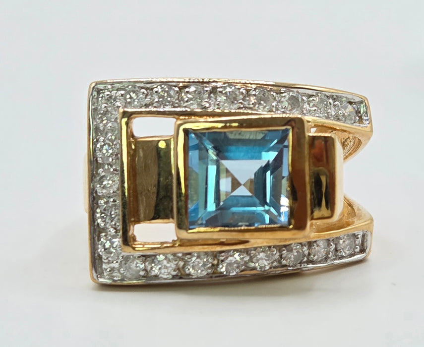 Vintage: 9ct Gold Blue Topaz & Diamond Signet Ring