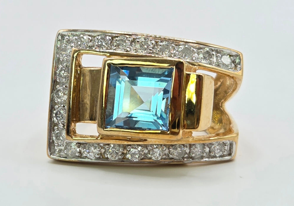 Vintage: 9ct Gold Blue Topaz & Diamond Signet Ring