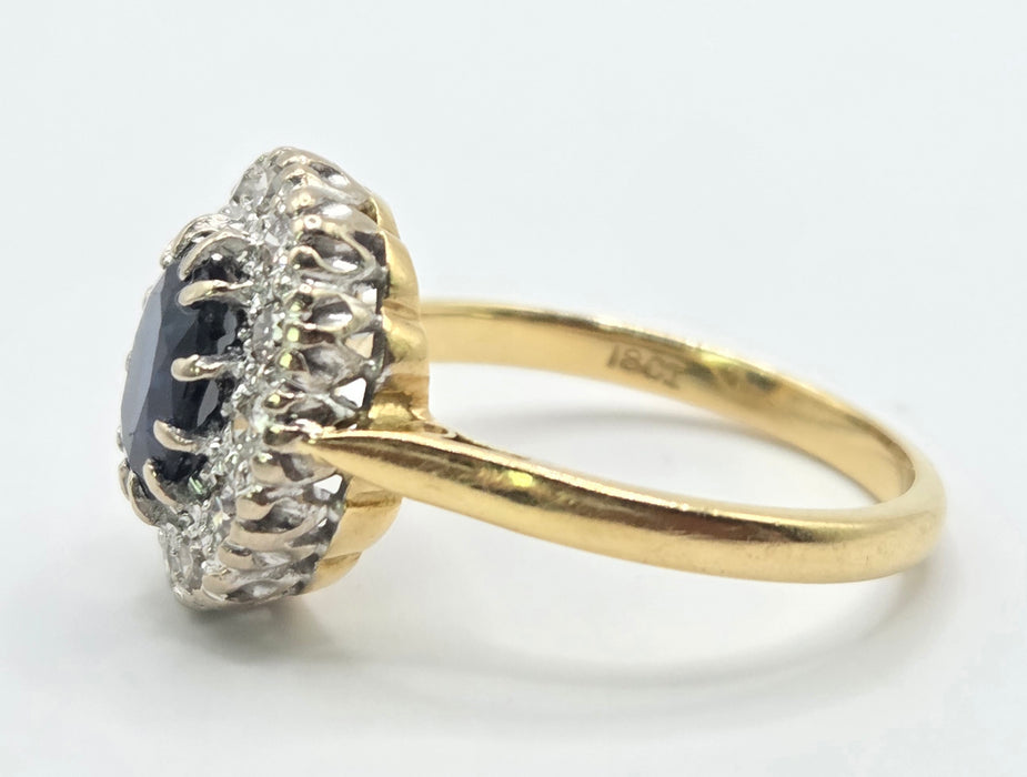 Vintage: 18ct Gold Sapphire [1.09ct] & Diamond [0.36ct] Cluster Ring
