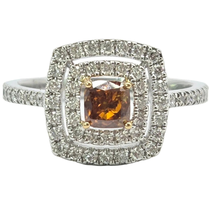 Vintage: 18ct White Gold Orange & White Diamond [1.00ct] Cushion Halo Ring