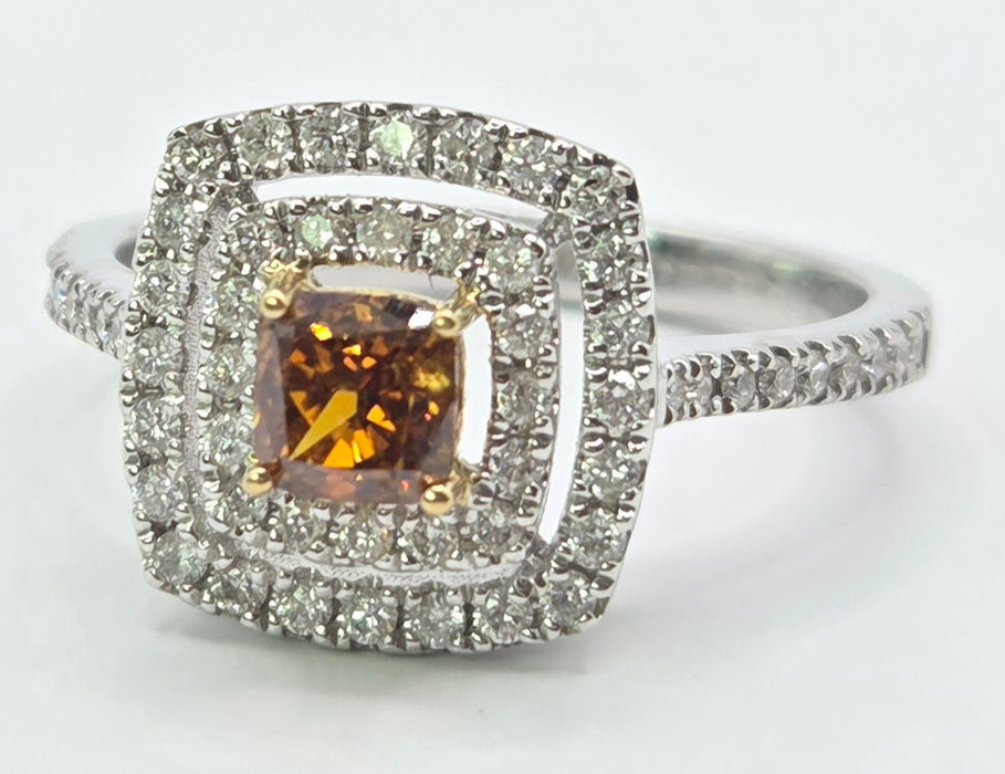 Vintage: 18ct White Gold Orange & White Diamond [1.00ct] Cushion Halo Ring