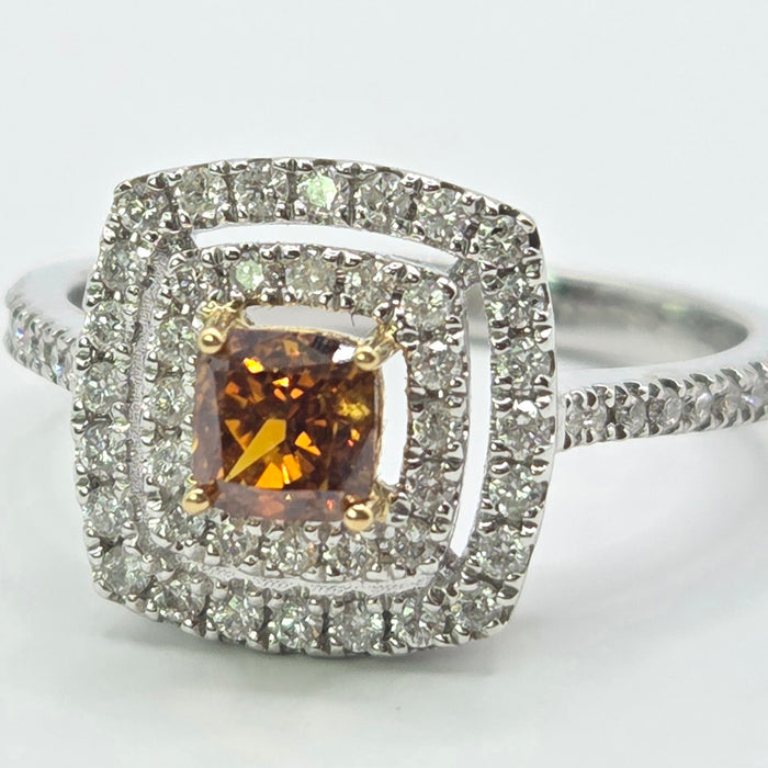 Vintage: 18ct White Gold Orange & White Diamond [1.00ct] Cushion Halo Ring