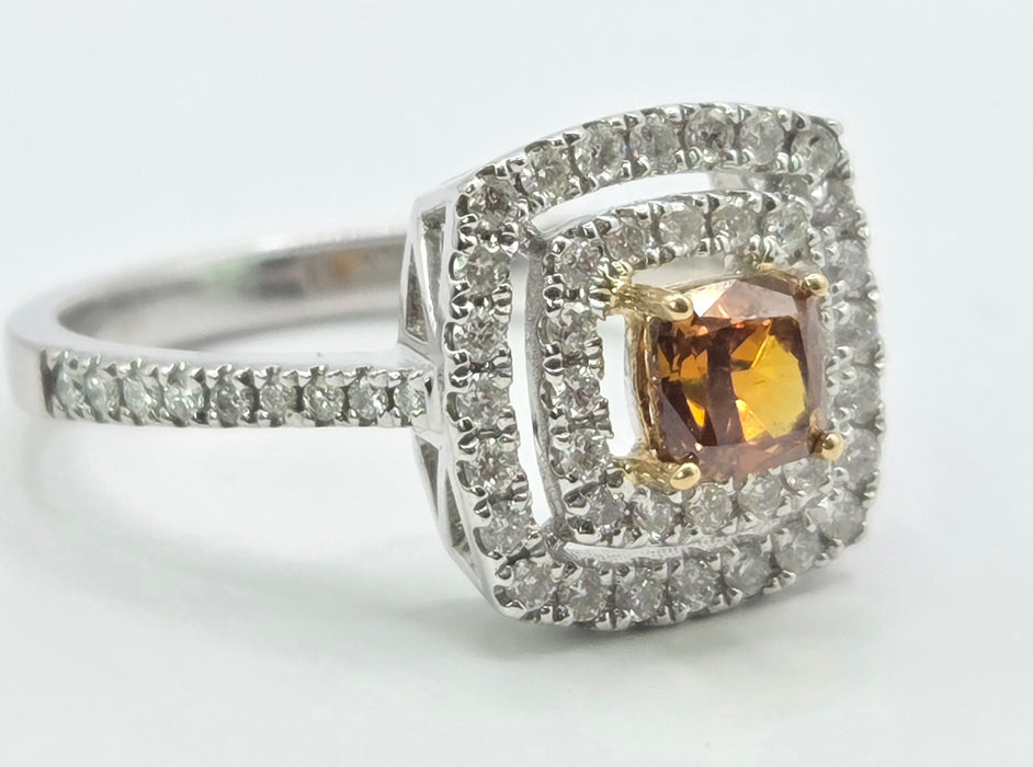 Vintage: 18ct White Gold Orange & White Diamond [1.00ct] Cushion Halo Ring