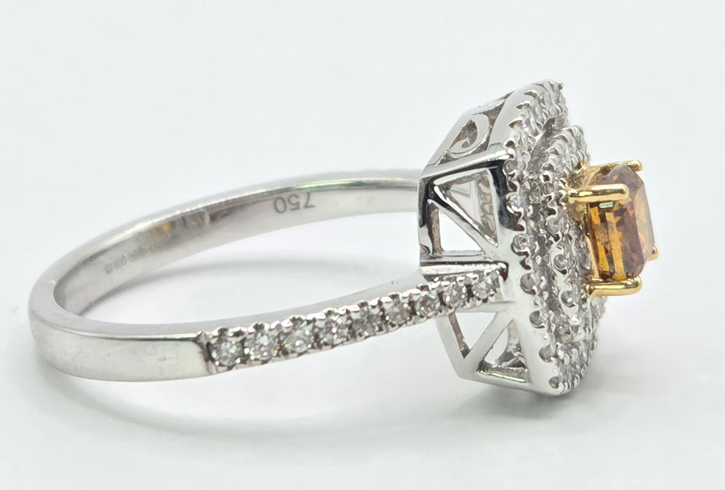Vintage: 18ct White Gold Orange & White Diamond [1.00ct] Cushion Halo Ring
