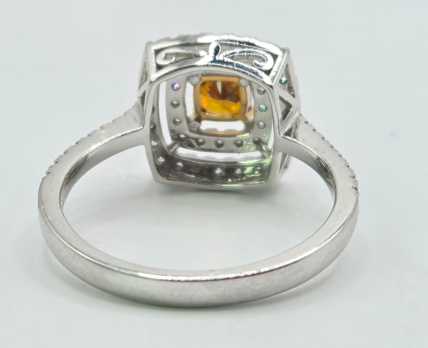 Vintage: 18ct White Gold Orange & White Diamond [1.00ct] Cushion Halo Ring
