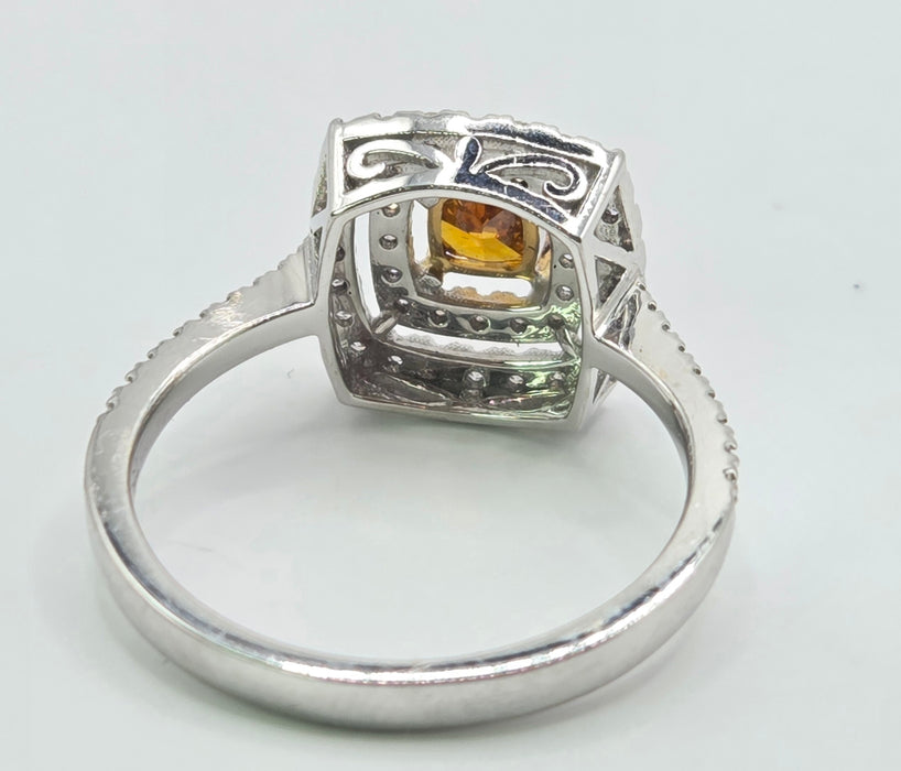 Vintage: 18ct White Gold Orange & White Diamond [1.00ct] Cushion Halo Ring