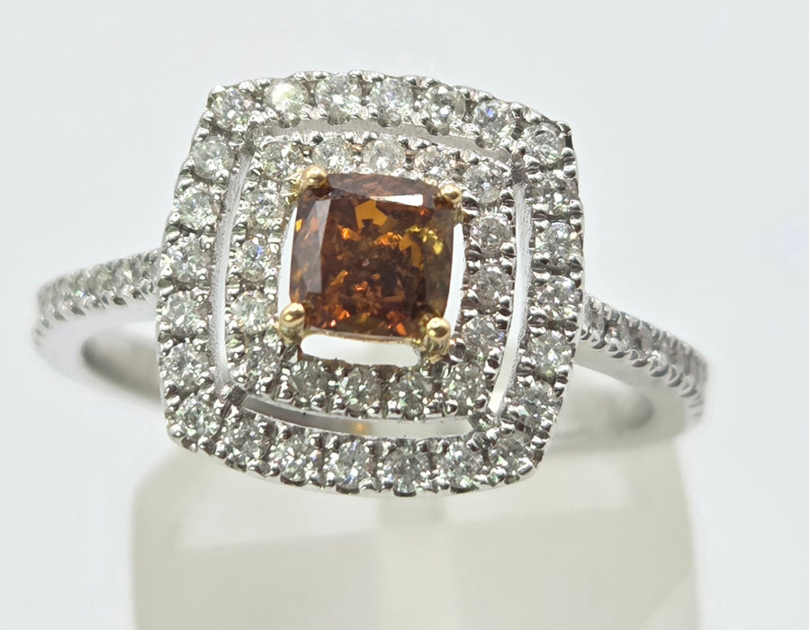 Vintage: 18ct White Gold Orange & White Diamond [1.00ct] Cushion Halo Ring