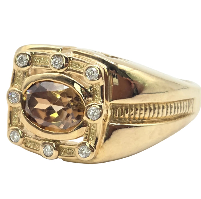 Vintage: 9ct Gold Orange/Red Zircon & Diamond Signet Ring