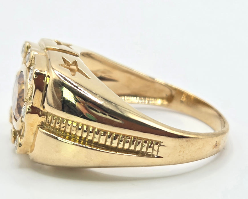 Vintage: 9ct Gold Orange/Red Zircon & Diamond Signet Ring