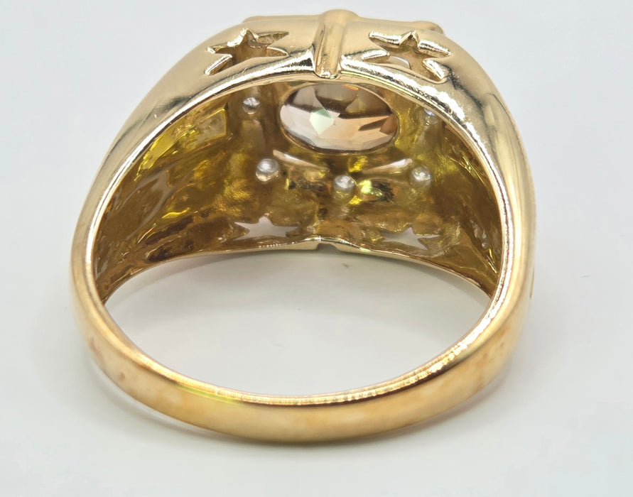 Vintage: 9ct Gold Orange/Red Zircon & Diamond Signet Ring