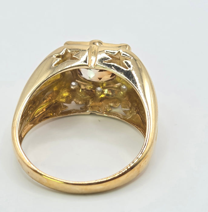 Vintage: 9ct Gold Orange/Red Zircon & Diamond Signet Ring