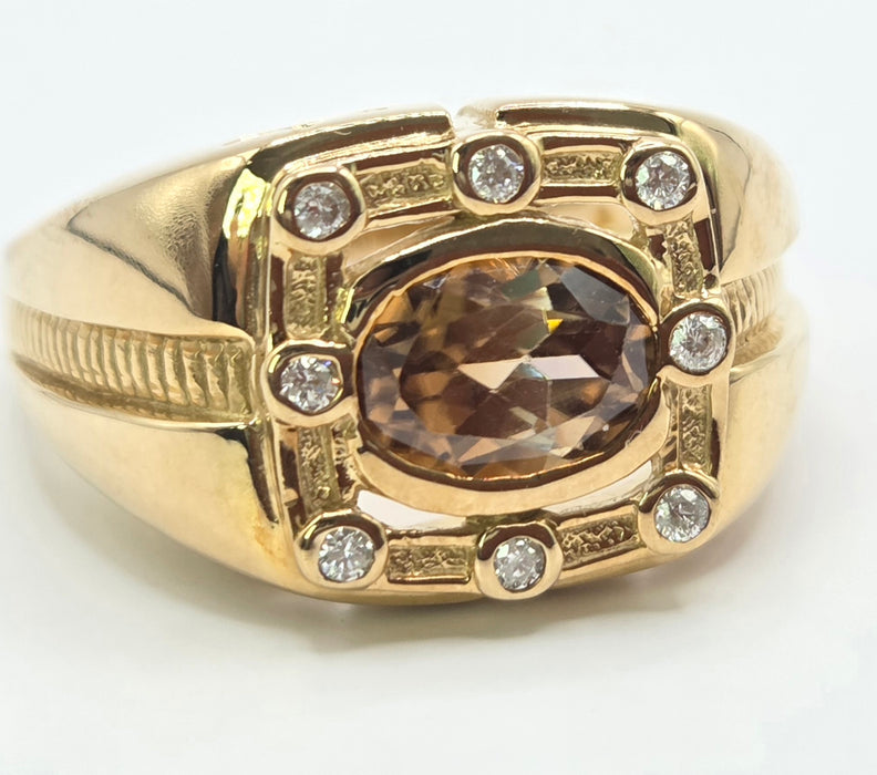 Vintage: 9ct Gold Orange/Red Zircon & Diamond Signet Ring