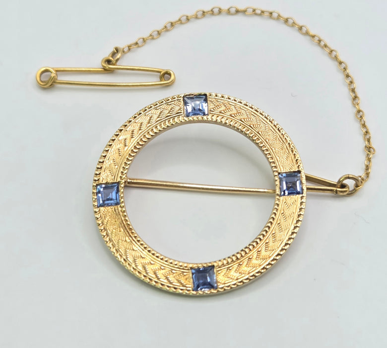 Vintage: 14K Gold Four Sapphire Commemorative Brooch — From 1921