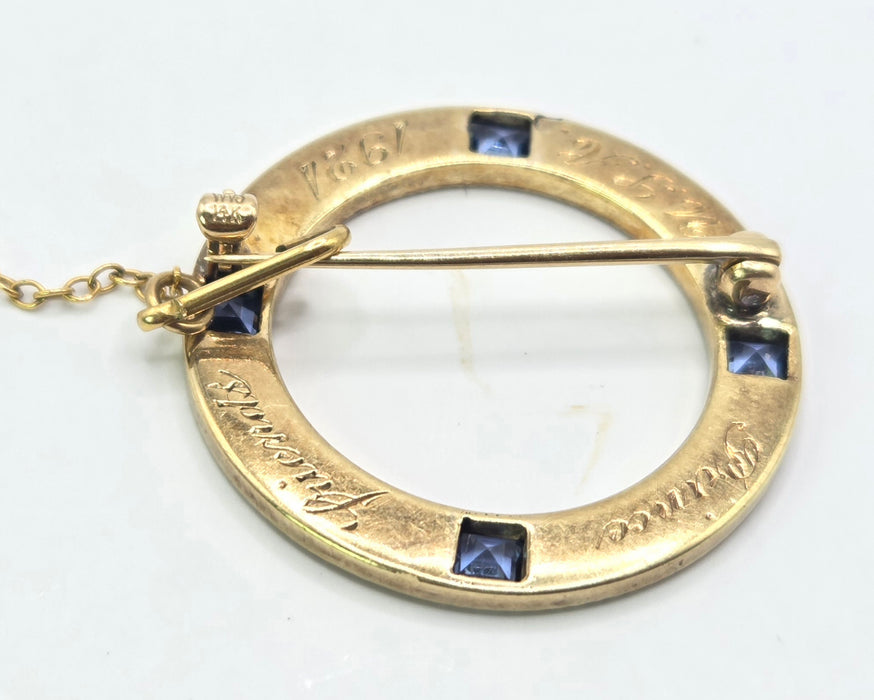 Vintage: 14K Gold Four Sapphire Commemorative Brooch — From 1921