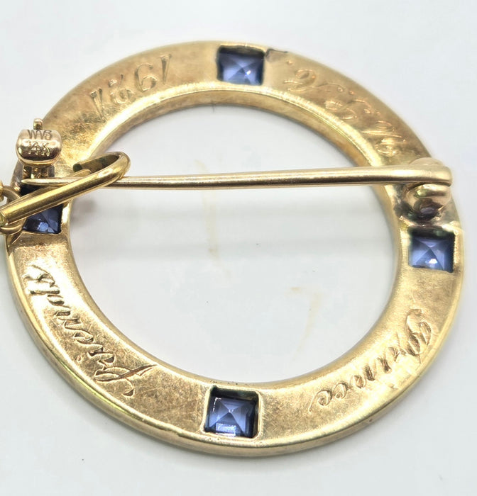 Vintage: 14K Gold Four Sapphire Commemorative Brooch — From 1921