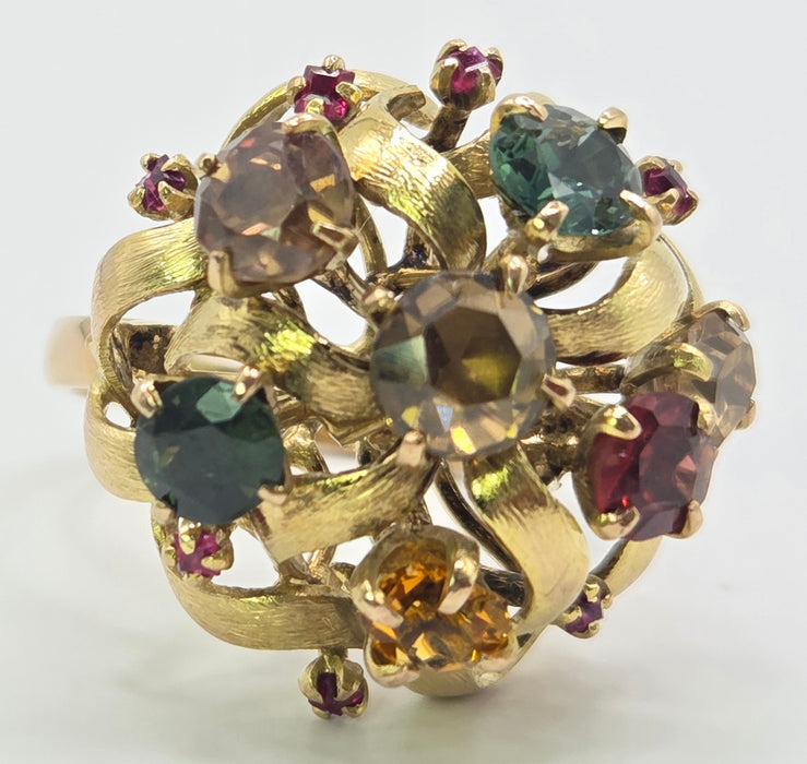 Vintage: 9ct Gold Multi-Gem Sapphire, Garnet & Ruby Cocktail Ring