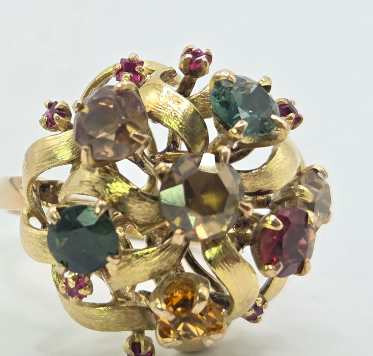 Vintage: 9ct Gold Multi-Gem Sapphire, Garnet & Ruby Cocktail Ring