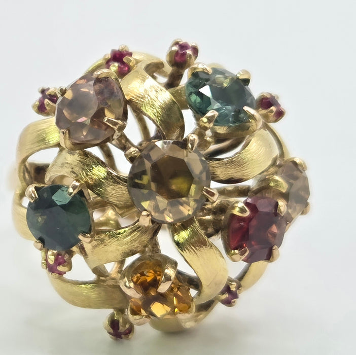 Vintage: 9ct Gold Multi-Gem Sapphire, Garnet & Ruby Cocktail Ring