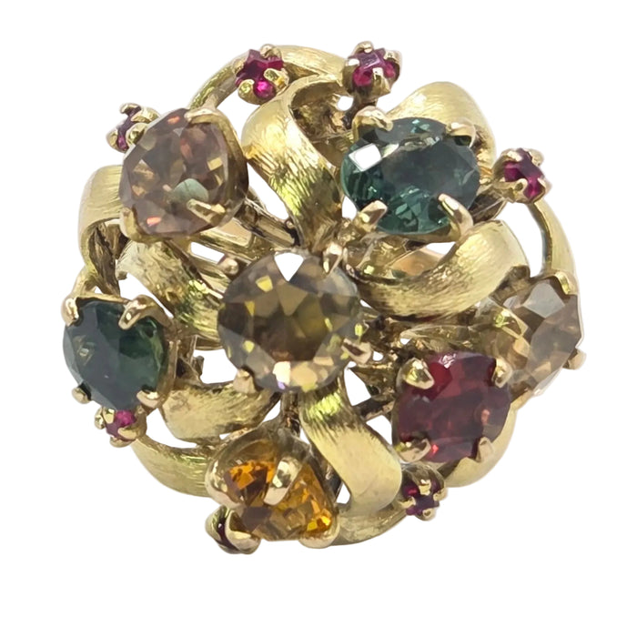 Vintage: 9ct Gold Multi-Gem Sapphire, Garnet & Ruby Cocktail Ring