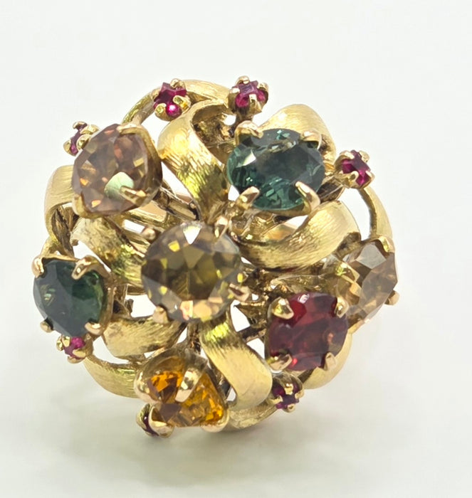 Vintage: 9ct Gold Multi-Gem Sapphire, Garnet & Ruby Cocktail Ring