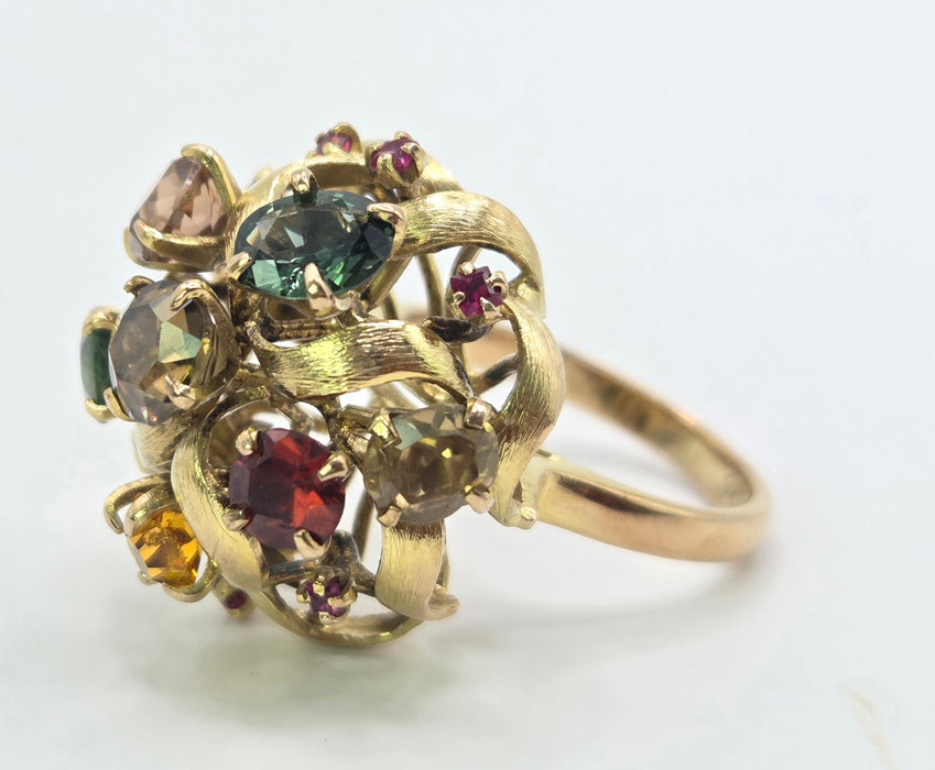 Vintage: 9ct Gold Multi-Gem Sapphire, Garnet & Ruby Cocktail Ring