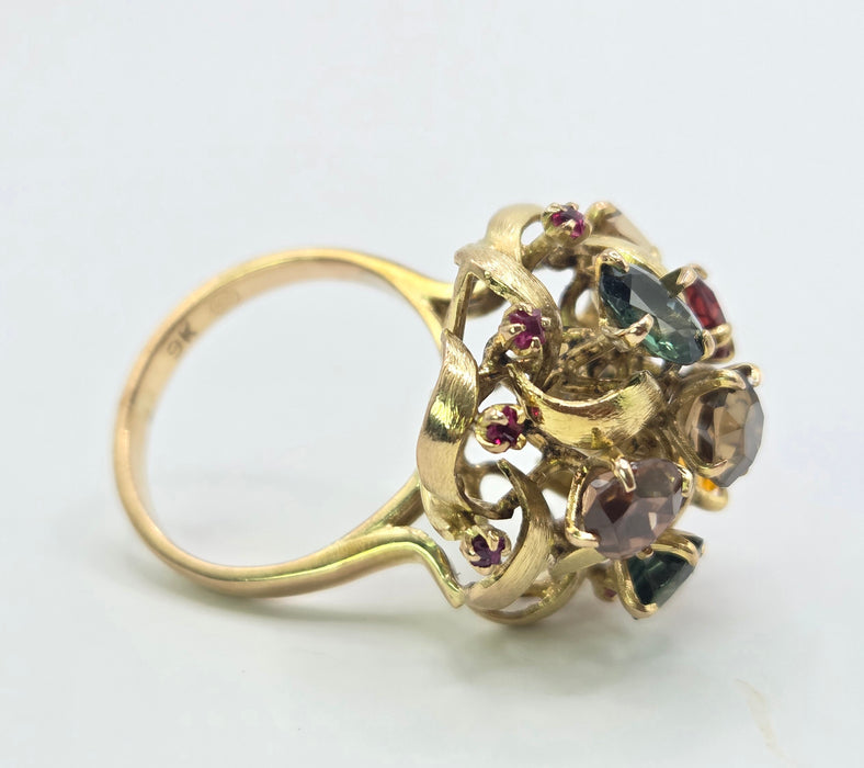 Vintage: 9ct Gold Multi-Gem Sapphire, Garnet & Ruby Cocktail Ring