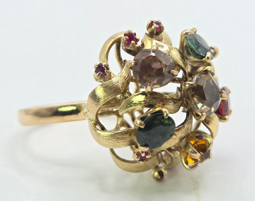 Vintage: 9ct Gold Multi-Gem Sapphire, Garnet & Ruby Cocktail Ring