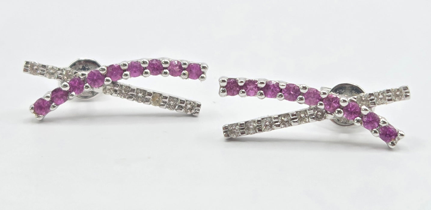 Vintage: 18ct White Gold Ruby & Natural Diamond Crossover Stud Earrings