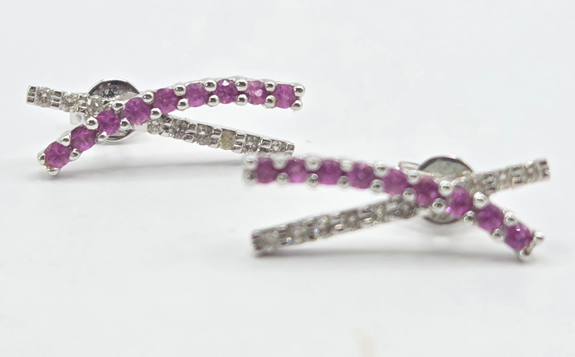 Vintage: 18ct White Gold Ruby & Natural Diamond Crossover Stud Earrings