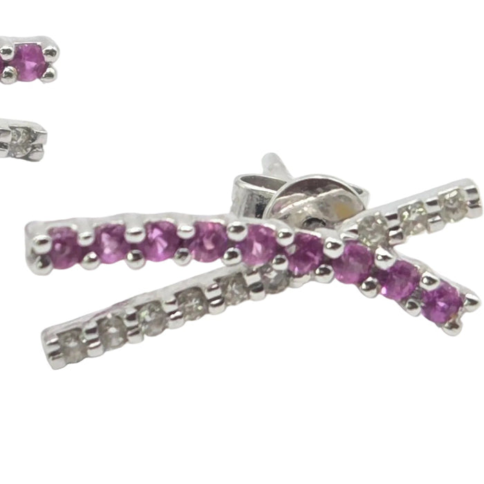 Vintage: 18ct White Gold Ruby & Natural Diamond Crossover Stud Earrings
