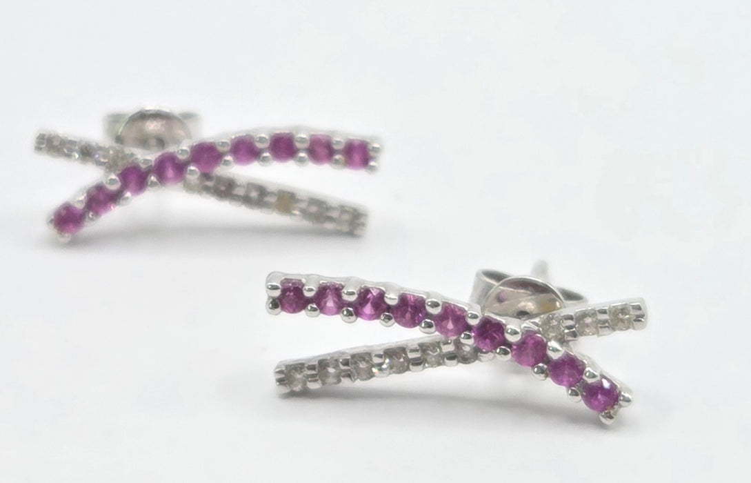 Vintage: 18ct White Gold Ruby & Natural Diamond Crossover Stud Earrings