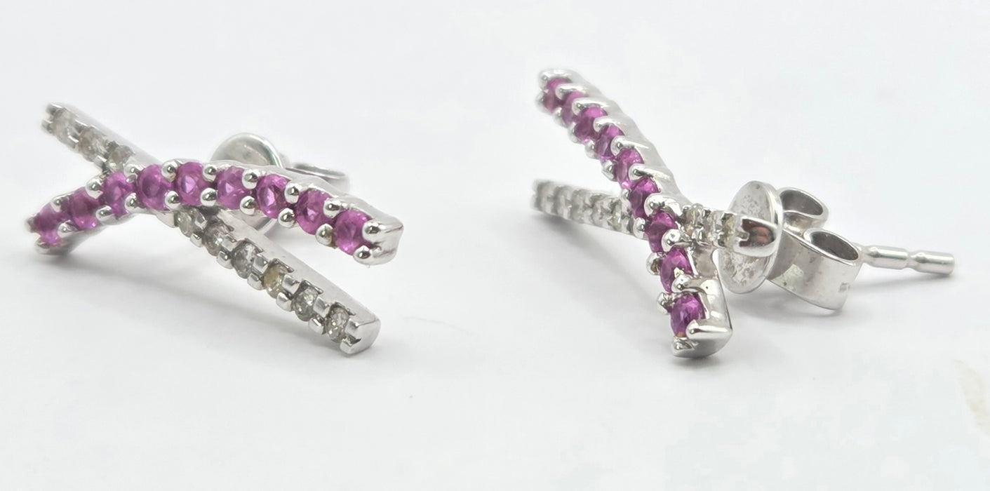 Vintage: 18ct White Gold Ruby & Natural Diamond Crossover Stud Earrings