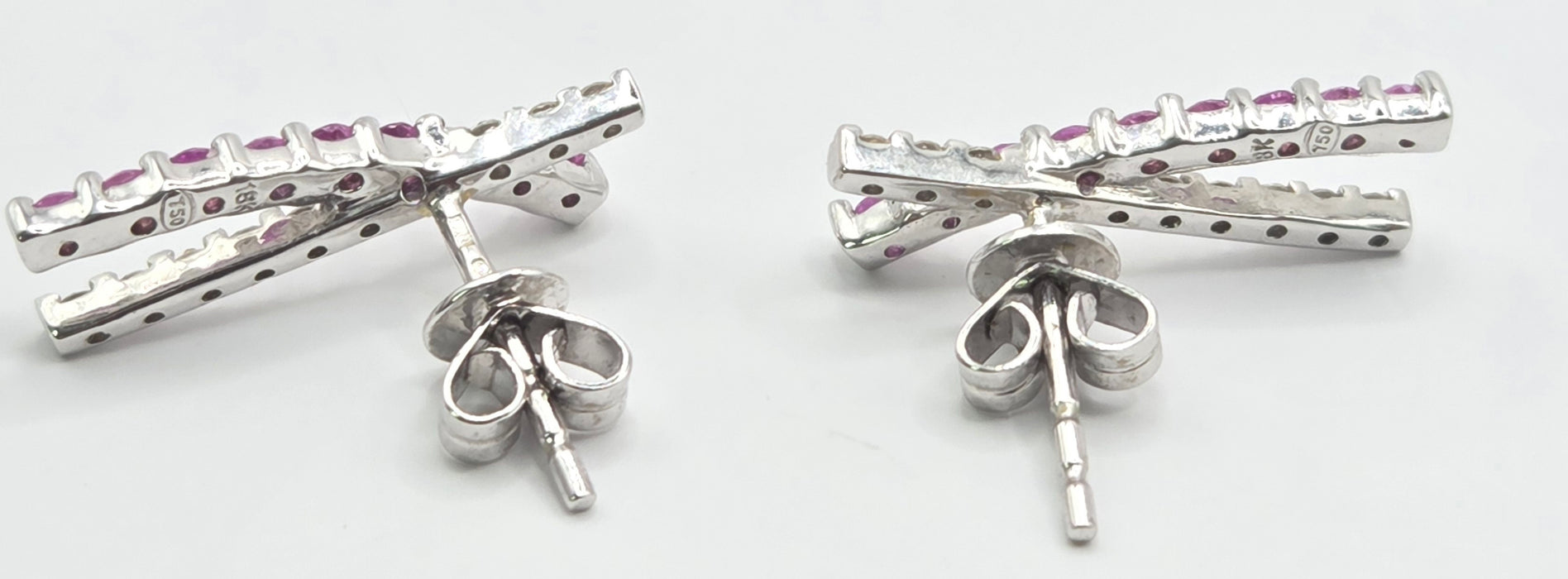 Vintage: 18ct White Gold Ruby & Natural Diamond Crossover Stud Earrings