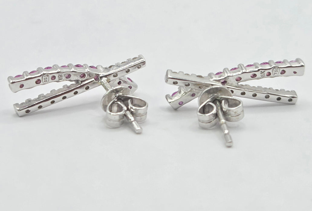 Vintage: 18ct White Gold Ruby & Natural Diamond Crossover Stud Earrings