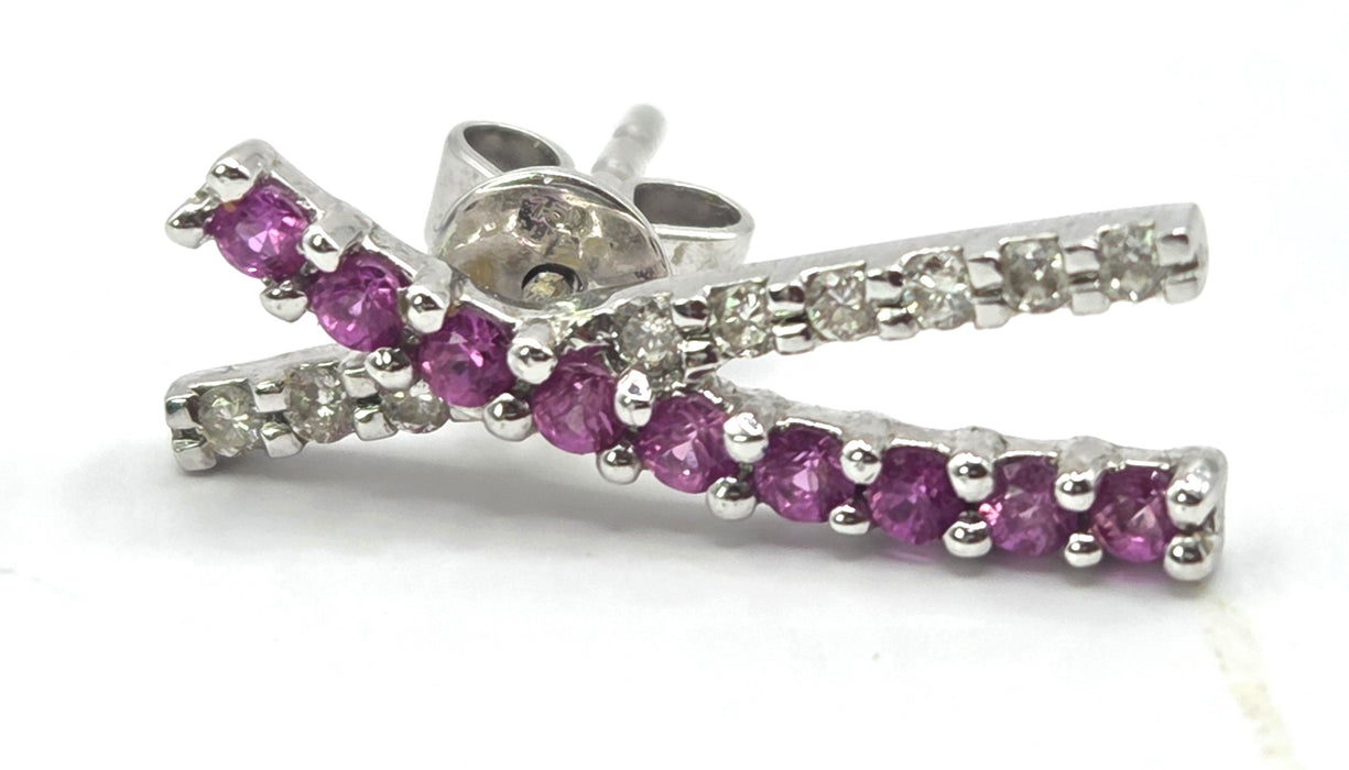 Vintage: 18ct White Gold Ruby & Natural Diamond Crossover Stud Earrings