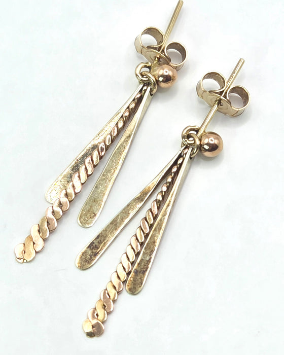 Vintage: 9ct Gold Twin Bar & Rope-Twist Drop Earrings