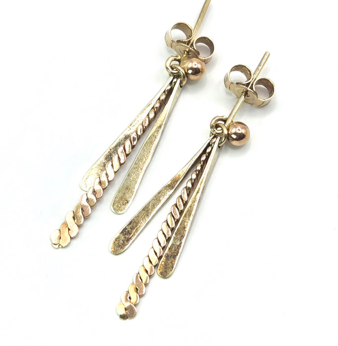 Vintage: 9ct Gold Twin Bar & Rope-Twist Drop Earrings