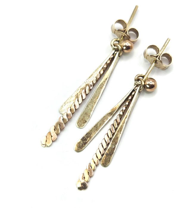 Vintage: 9ct Gold Twin Bar & Rope-Twist Drop Earrings
