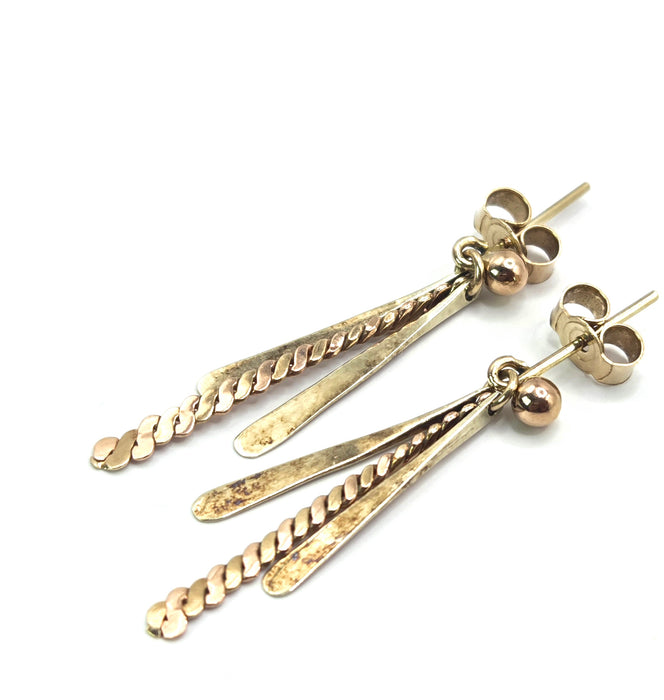 Vintage: 9ct Gold Twin Bar & Rope-Twist Drop Earrings