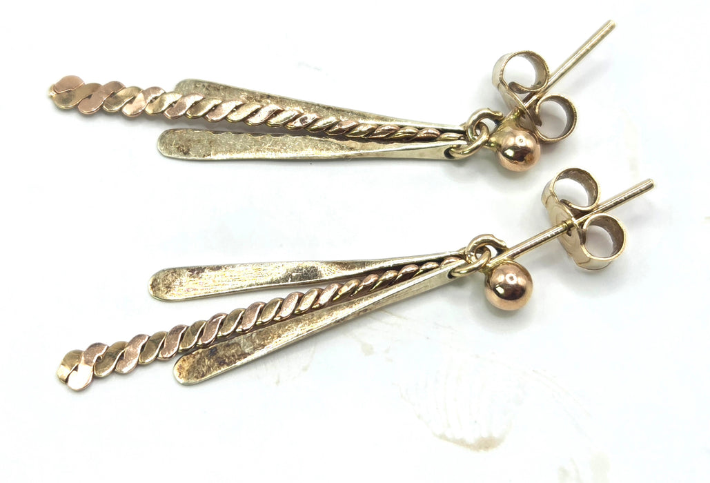 Vintage: 9ct Gold Twin Bar & Rope-Twist Drop Earrings