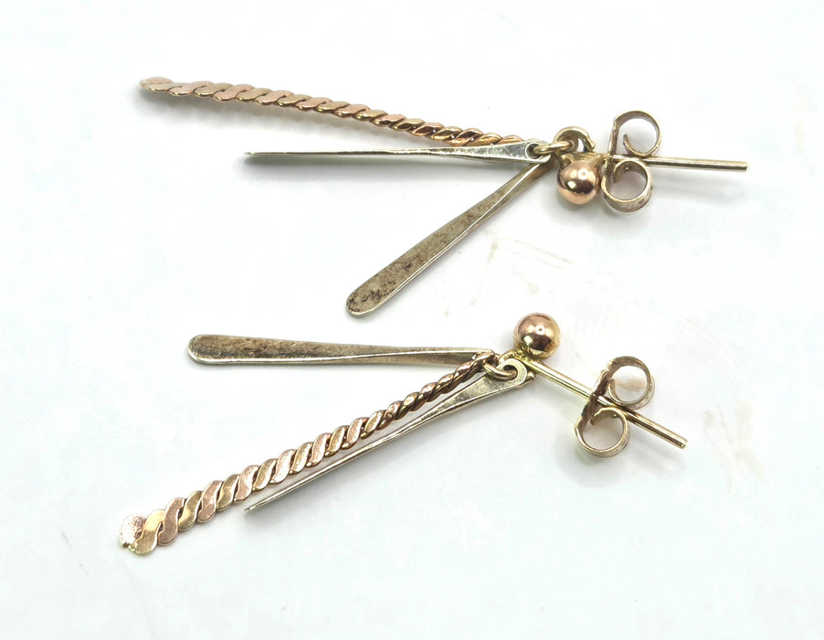 Vintage: 9ct Gold Twin Bar & Rope-Twist Drop Earrings