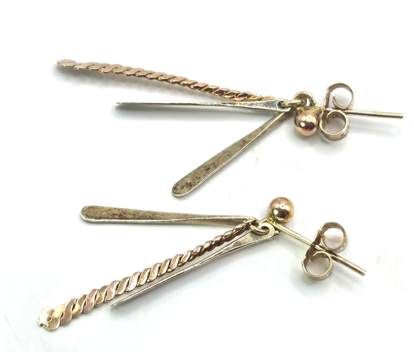 Vintage: 9ct Gold Twin Bar & Rope-Twist Drop Earrings