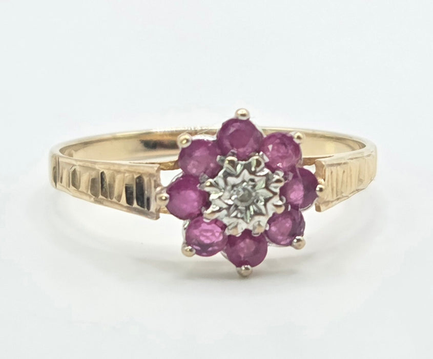 Vintage: 9ct Gold Ruby & Natural Diamond Flower Cluster Ring