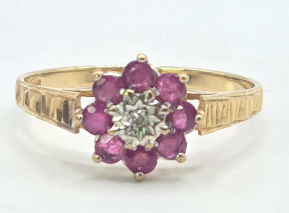 Vintage: 9ct Gold Ruby & Natural Diamond Flower Cluster Ring