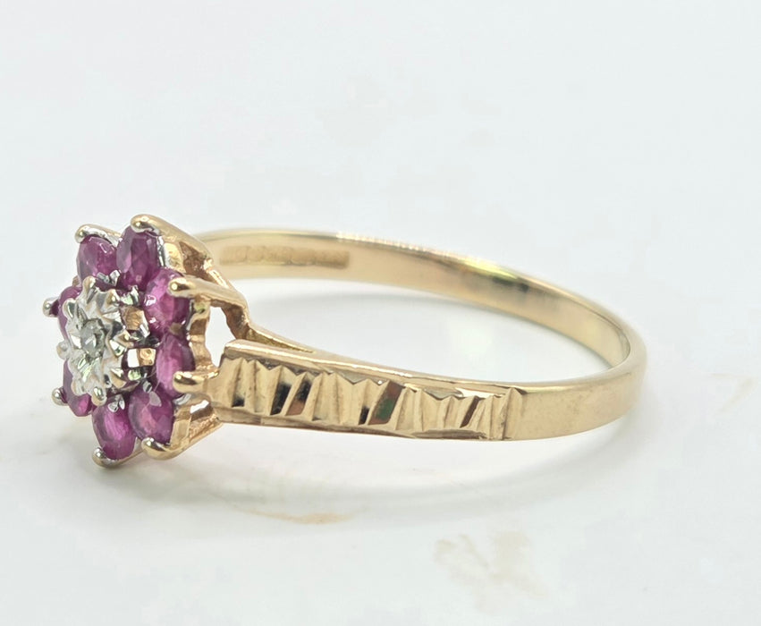 Vintage: 9ct Gold Ruby & Natural Diamond Flower Cluster Ring