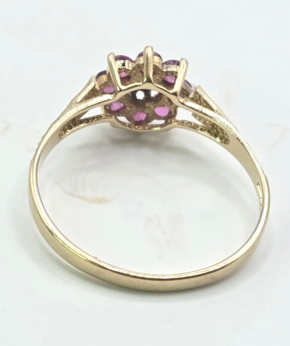 Vintage: 9ct Gold Ruby & Natural Diamond Flower Cluster Ring