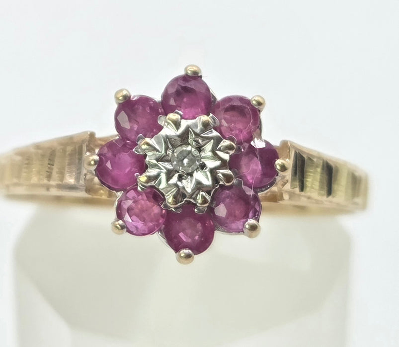 Vintage: 9ct Gold Ruby & Natural Diamond Flower Cluster Ring