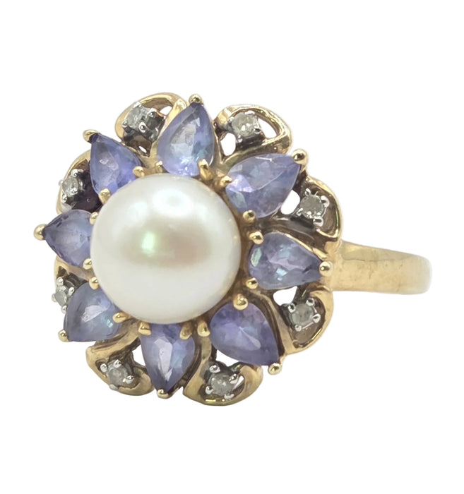 Vintage: 9ct Gold Pearl, Tanzanite & Natural Diamond Flowerhead Cocktail Ring